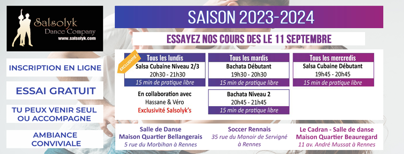 Programme des cours de Salsa et Bachata à Rennes. Cours essai gratuit dès le 11 septembre 2023