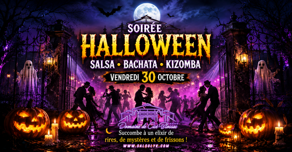 Halloween party poster with dancing silhouettes, glowing pumpkins, and a bold 'HALLOWEEN' title at the center.